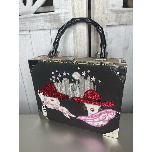 Vintage Black Cigar Box Purse Ladies NIGHT OUT Bamboo Handle Hand Bag Red Hat - Picture 1 of 7